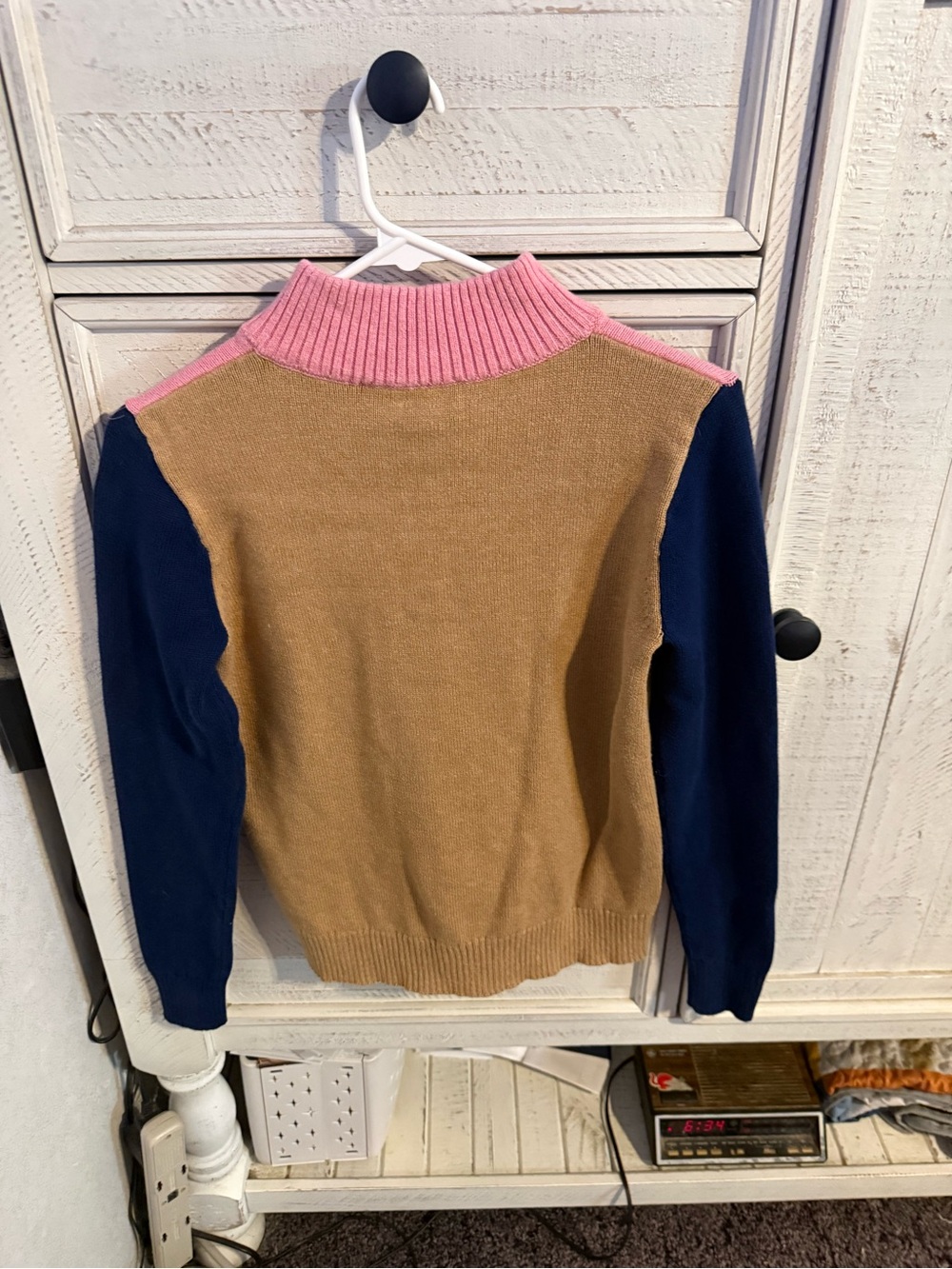 J. Crew Camel Body Navy Sleeves Pink Ribbed Turtleneck Sweater